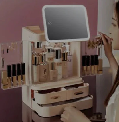 Cosmetics storage box with built-in mirror for organized beauty essentials