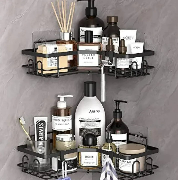 Space-saving corner shelf for bathroom essentials