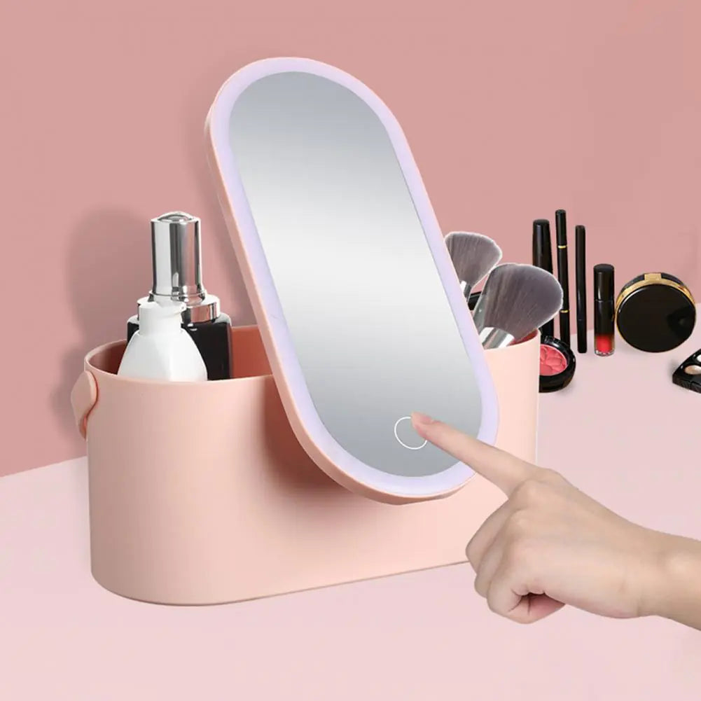 Cosmetics storage box with mirror for travel and organization