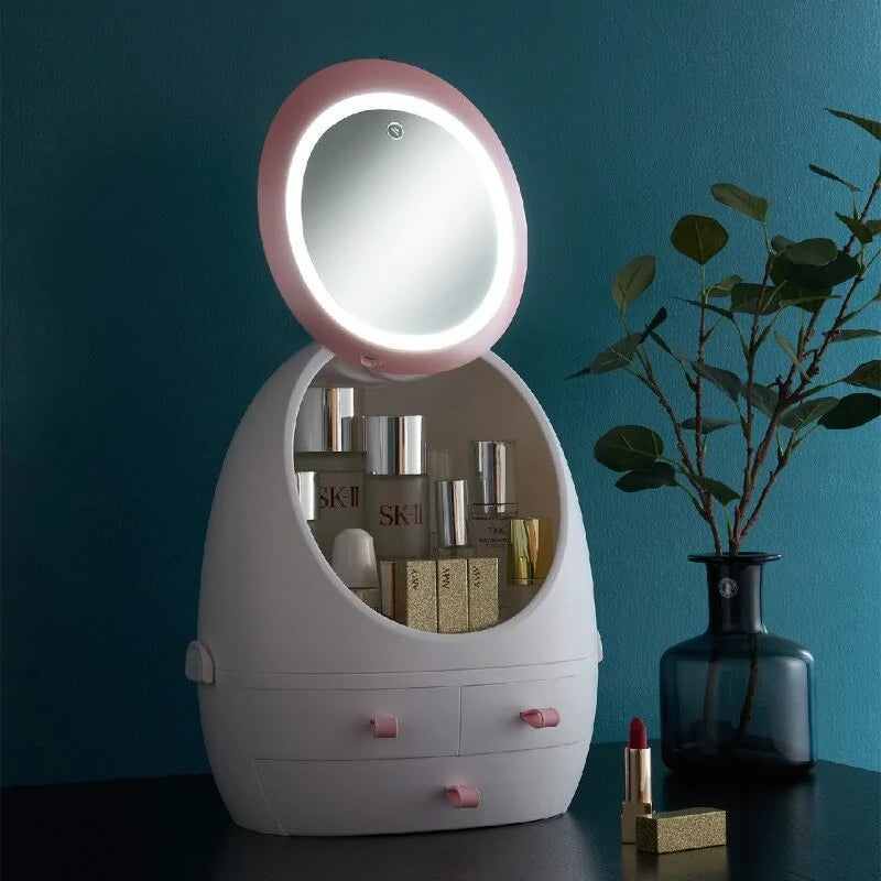 Cosmetic mirror with built-in storage for makeup