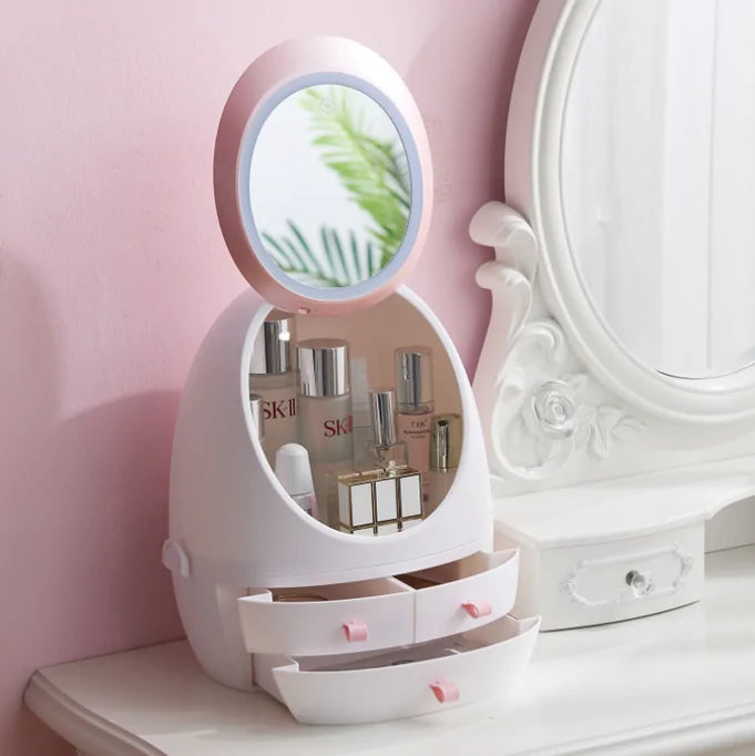 Cosmetic mirror with built-in storage for makeup